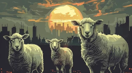 Foto op Plexiglas Sheep on the background of urban landscape in art style. Group of lambs © vannet
