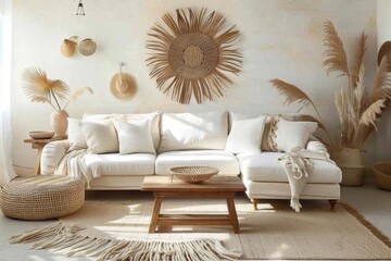 Cozy living room interior with knitted blanket on comfortable sofa