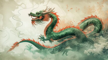 Obraz premium Majestic green and orange Chinese dragon winding through clouds, represented in a traditional Asian art style