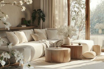 Cozy living room interior with knitted blanket on comfortable sofa