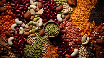 A top-down shot of various colorful legumes and nuts artistically arranged on a textured background