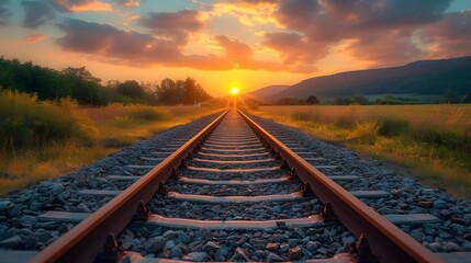 A railway track stretches into the distance as the sun sets in the background, casting a warm glow over the scene. - Powered by Adobe