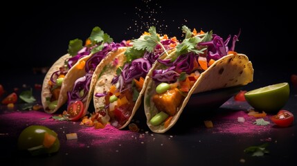 These Mexican tacos are bursting with colors and flavors featuring fresh vegetables, meats, and sauces on a dark background