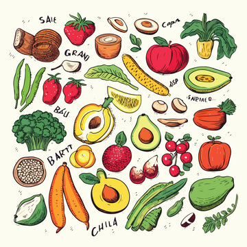 Vector hand drawn healthy food illustration. Vintag