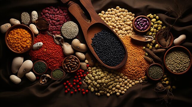 Artfully arranged beans, grains, and spices on a draped fabric, depicting food art in warm earthy tones