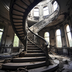 A spiral staircase in an old abandoned building.