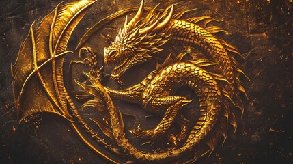 The image features a fiery golden dragon coiled in an intense pose, symbolizing mythical strength and grandeur