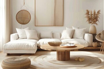 Cozy living room interior with knitted blanket on comfortable sofa