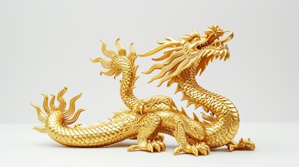 Fototapeta na wymiar An intricate golden dragon statue with fine details and textures stands against a clean white background, embodying power and elegance