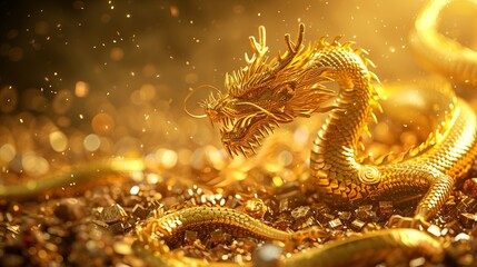 Luxurious depiction of a golden dragon amidst gleaming treasures expressing affluence and protection - obrazy, fototapety, plakaty