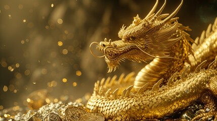 Intricate close-up of a golden dragon showcasing every scale as it rests on a bed of wealth, symbolizing guardianship - obrazy, fototapety, plakaty