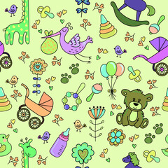 Hand draw seamless pattern floral elements, birds, toys and baby elements. New born thematic. Vector illustration