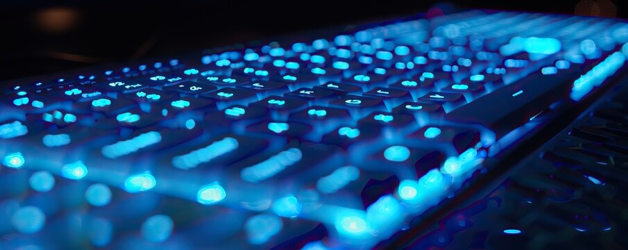 Futuristic computer PC keyboard with blue lights on the work desk
