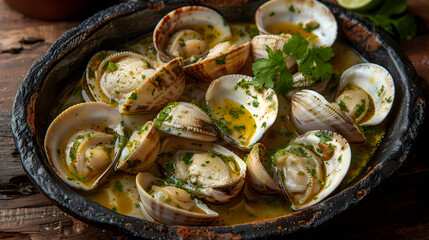 Steamed clams in garlic herb sauce