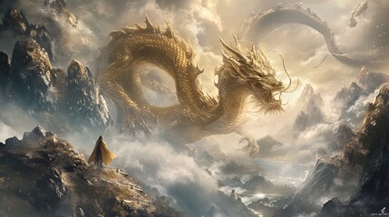 Epic scene with a towering dragon overlooking a person, mountains, and mist; vastness and adventure await - obrazy, fototapety, plakaty