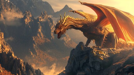 A striking image of a red dragon perched on a cliff with the glow of the setting sun adding to the...