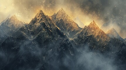 Snow-covered peaks bathed in the golden hour light, evoking the mystique and grandeur of nature - obrazy, fototapety, plakaty