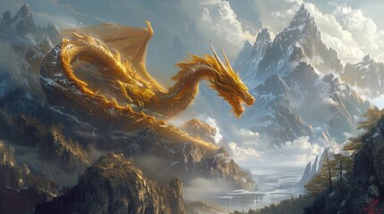 An impressive golden dragon soars over icy mountain peaks, symbolizing power and freedom in a fantastical setting