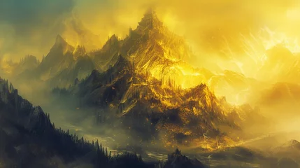 Poster A stunning landscape of surreal golden mountains under a luminous sky, evoking a sense of wonder and fantasy © Drew