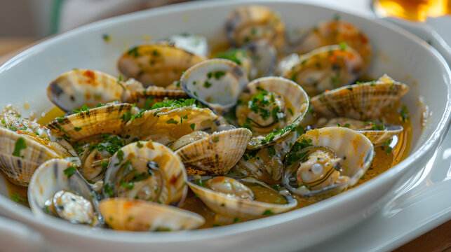 Fresh steamed clams in garlic herb sauce