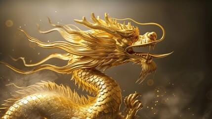 This image shows a beautifully detailed golden dragon sculpture set against a shimmering background of golden light