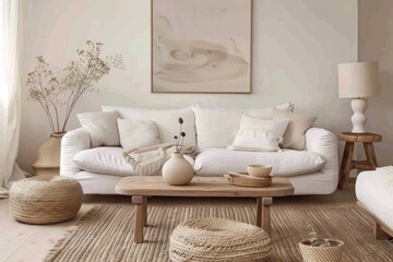 Fototapeta na wymiar Cozy living room interior with knitted blanket on comfortable sofa