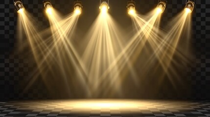 This detailed image showcases bright stage spotlights shining transparent beams on a black backdrop