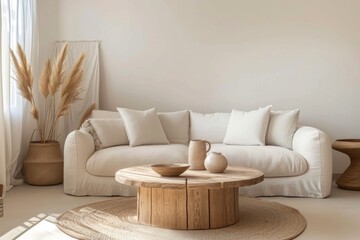 Cozy living room interior with knitted blanket on comfortable sofa