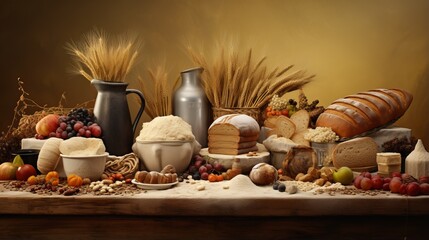 A variety of bread, wheat, fruits, and dairy products lie on a rustic table hinting at abundance and harvest time