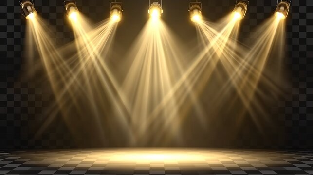 This detailed image showcases bright stage spotlights shining transparent beams on a black backdrop