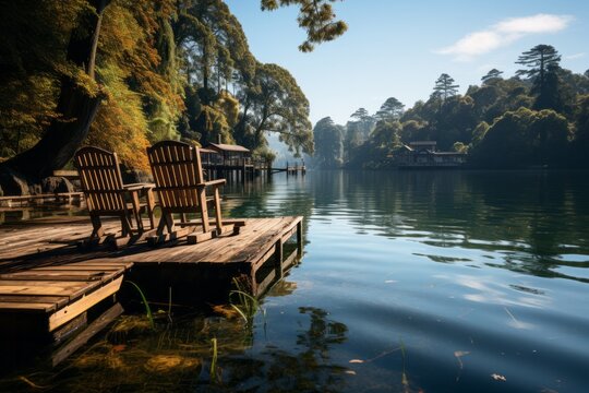 Two chairs on a wooden dock by a tranquil lake, surrounded by natures beauty