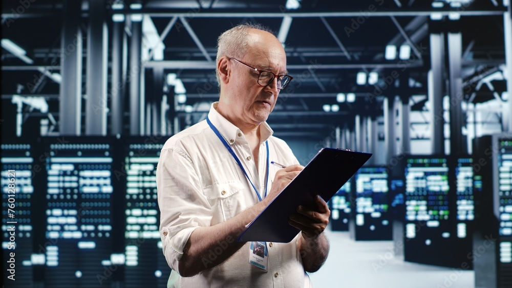 Poster skilled it professional expertly managing data while navigating in industrial server room. expert en