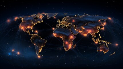 Detailed representation of a world map connected by vibrant, fiery network lines on a dark night sky - obrazy, fototapety, plakaty