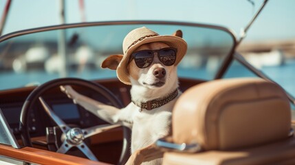 Funny dog driving yacht