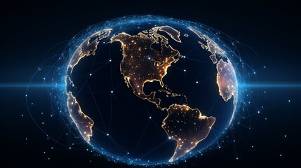 Detailed visualization of North America with dynamic light connections representing global communication and technology