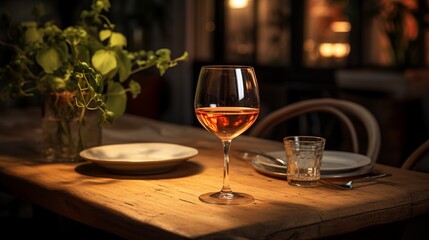 Intimate scene with a glass of drink on a rustic wooden table in a restaurant with soft lighting
