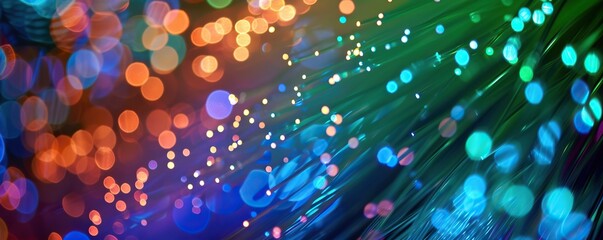 Close-up of a bundle of fiber optic cables of various colors from a bright fiber optic array