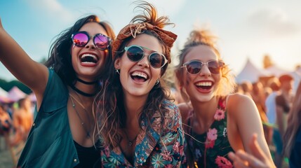 Laughing group of friends taking a selfie at a sunny summer music festival