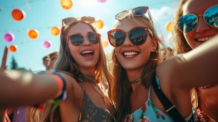 Four young women enjoying drinks and taking a selfie at a vibrant festival event