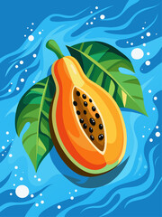 A papaya fruit sits on a blue water background.