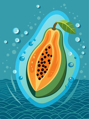 A delicious papaya fruit sits in a refreshing pool of water.