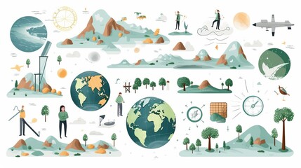 An array of colorful illustrations depicting various nature scenes, exploration elements, and cartography tools