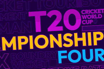 Cricket World Cup t20 background design with typography on purple with shapes and design.