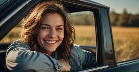 Cheerful woman with a delightful smile, peeking out of a car window on a sunny day, relishing the sunshine