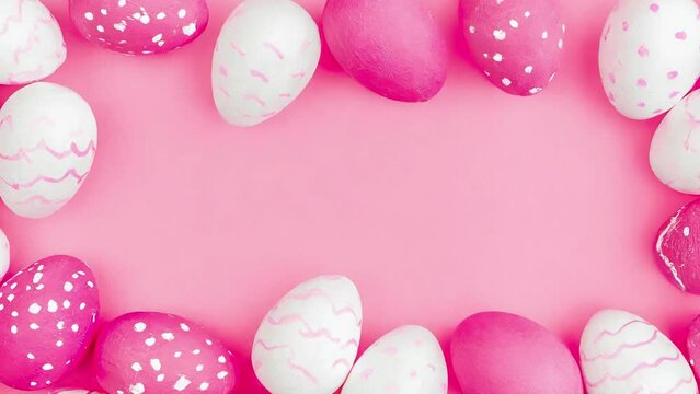 4K Video Easter Egg Symphony: Pastel Pinks and Whites on a Soft Pink Background, Seamless Easter Pattern: Pink and White Eggs on Pink Background