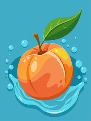 A ripe peach floats in a pool of water, its juicy flesh and fuzzy skin glistening in the light.