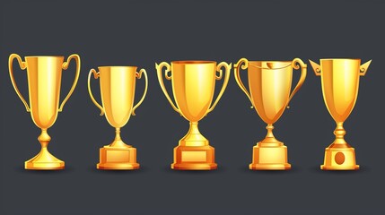 Set of five various design golden trophies showing achievement and success, rendered on a dark background to enhance the shine and prestige