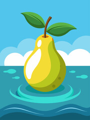 A mouthwatering pear floating in a glass of crystal clear water against a vibrant azure background.
