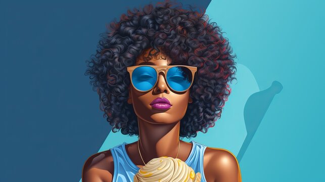 Close-up portrait of a stylish woman with striking sunglasses holding an ice cream against a blue background
