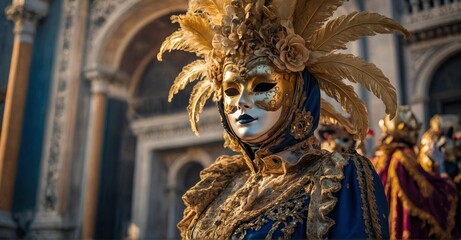 Fototapeta premium Dive into Venice Carnival with a masquerade backdrop featuring golden masks and festive costumes